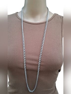 Opera Length Vintage Monet Chrome Silver Textured Curb Chain Necklace